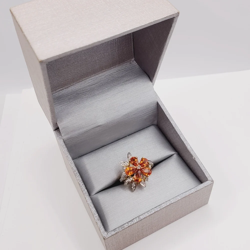 10k Solid Yellow Gold Genuine Spessartite Mandarin Garnet & Diamond Flower Ring